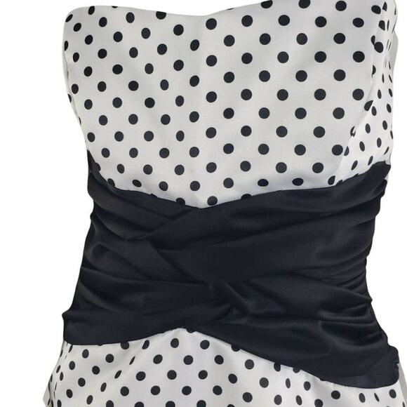 Niki Livas Pin Up Fit Flare Dress Polka Dot Ruched Bandeau Sash Strapless White - Picture 6 of 11